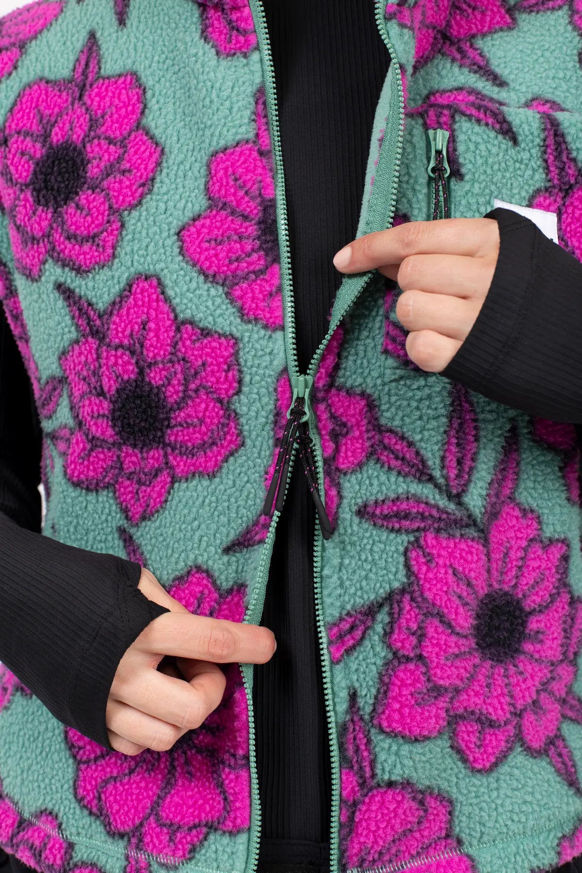 Boxy Sherpa Vest - Turquoise Flower